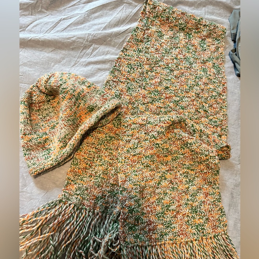 Hand knitted scarf and hat